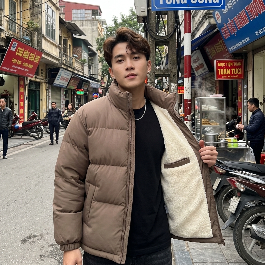 Mẫu Nam Áo Phao Lót Lông Nâu Mocha Cổ Trụ