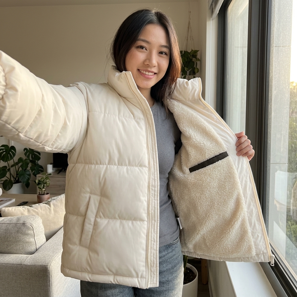 Mẫu Nữ Áo Phao Lót Lông Be Sữa Thanh Lịch